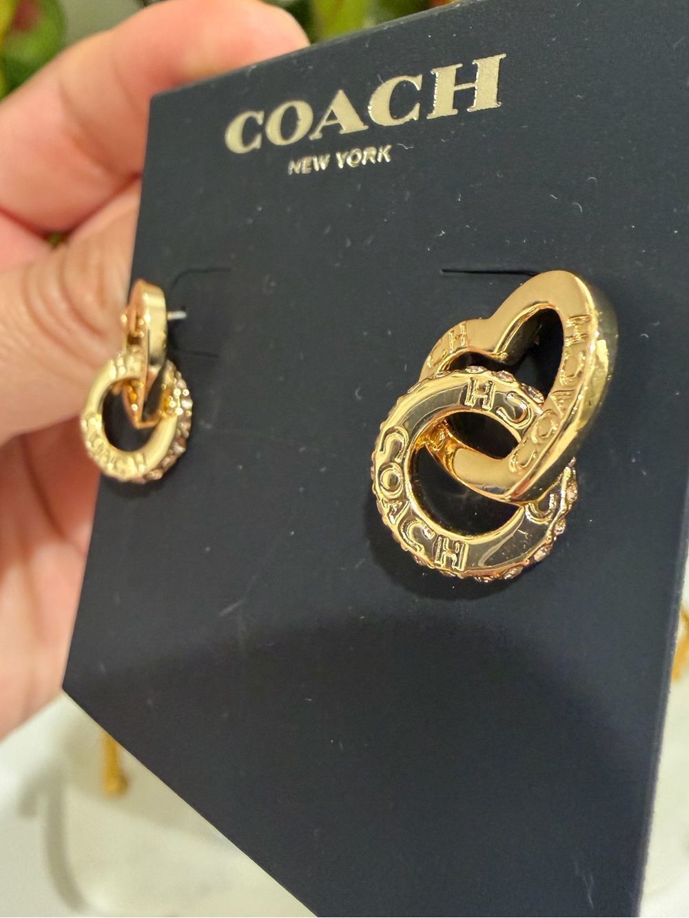 COACH Gold Interlocking Heart Crystal Stud Earrings - Picture 6 of 8